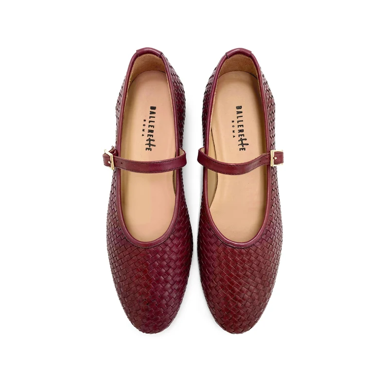 Ballerine Mary Jane bordeaux accollate in pelle intrecciata a mano e cinturino