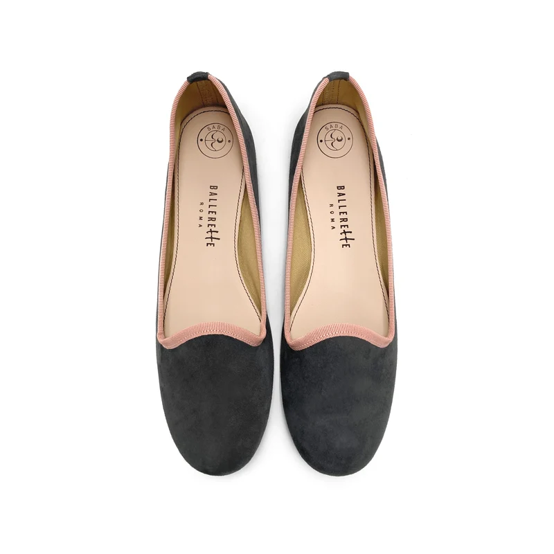 Slippers donna in camoscio grigio fumo e dettagli rosa