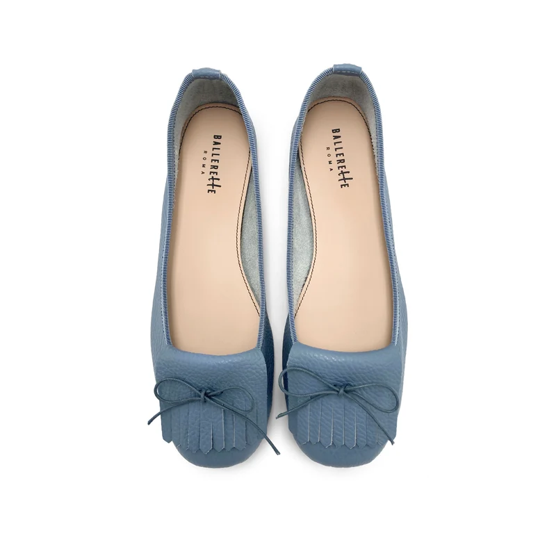 Mocassini da donna blu jeans in pelle con frangia
