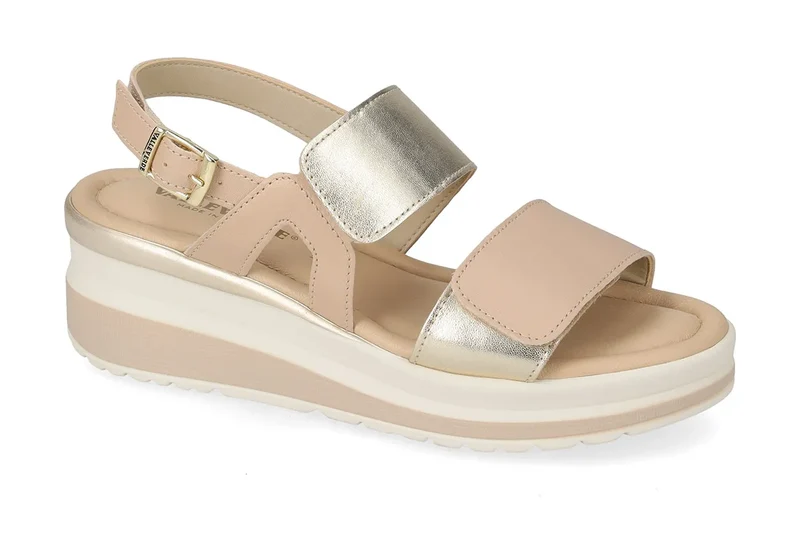 Valleverde Sandalo Donna Vitello Platino con Zeppa e Sottopiede in Pelle