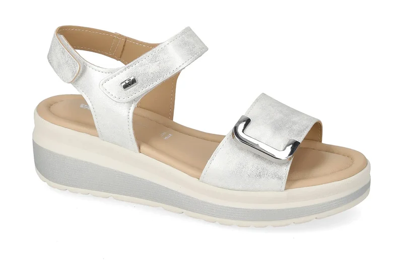 Valleverde Sandalo Donna Pelle Argento con Zeppa e Accessorio Decorativo
