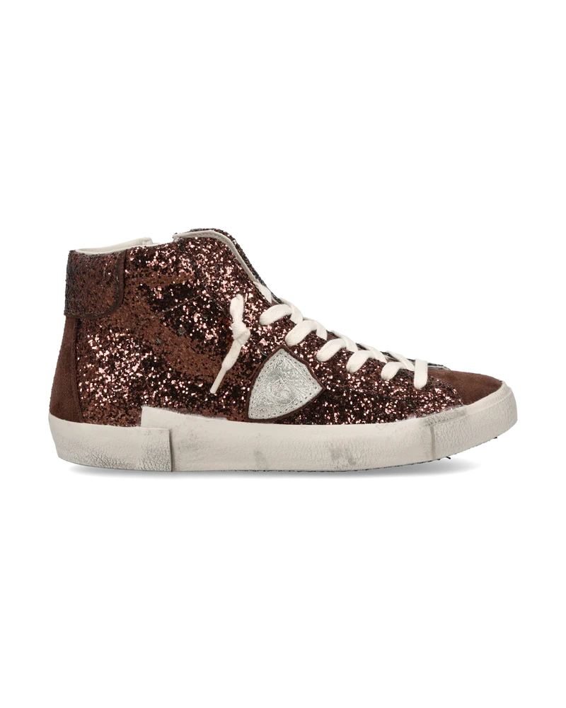 Sneakers Prsx High Women with Glitter Upper, Brown Platinum