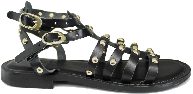 SANDALO GLADIATORE DONNA BORCHIATO PELLE NERA