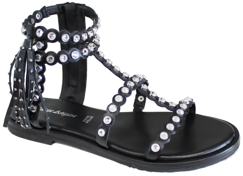 |SANDALO BASSO STRASSATO PELLE NERA|