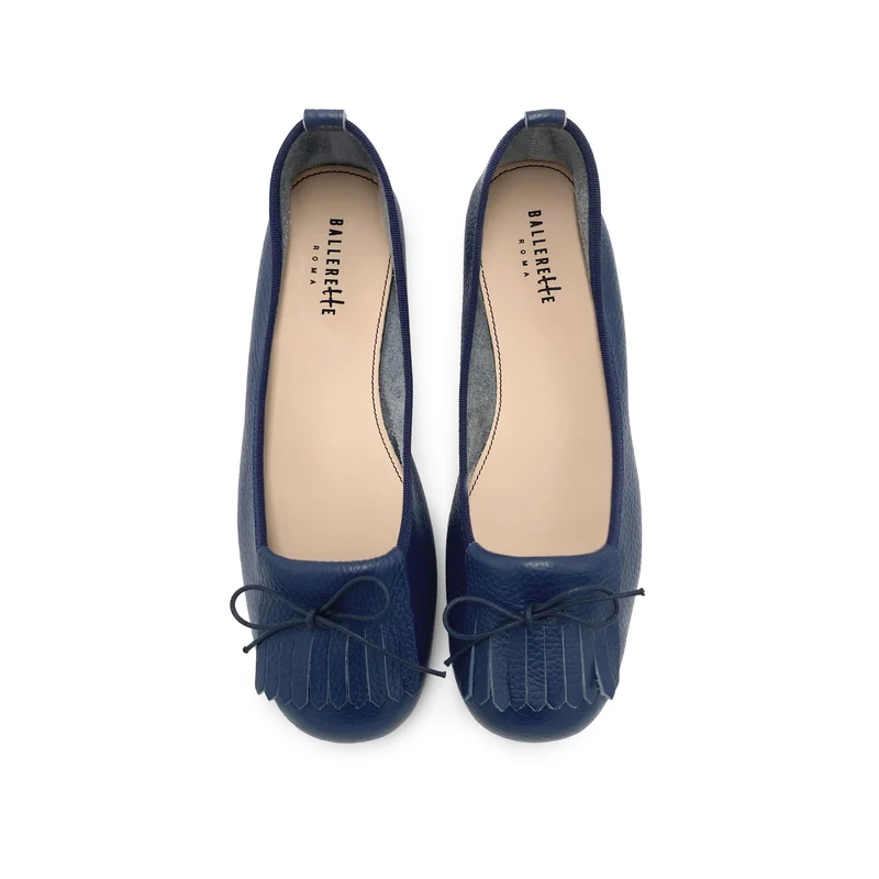 Mocassini da donna blu in pelle con frangia