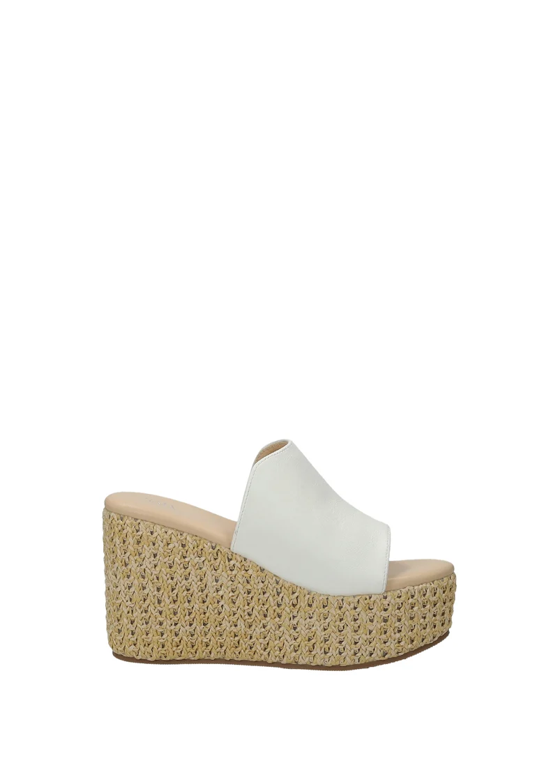 Sandali donna in rafia e PU white con zeppa alta