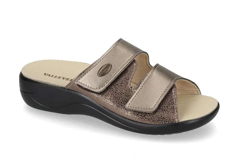 Valleverde Ciabatta Donna Bronzoin Pelle con Doppio Velcro e Plantare Estraibile