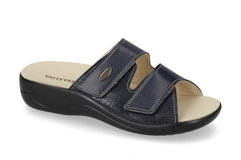 Valleverde Ciabatta Donna Blu in Pelle con Doppio Velcro e Plantare Estraibile