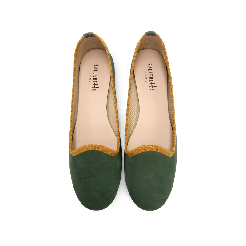 Slippers donna in camoscio verde bosco e dettagli ambra