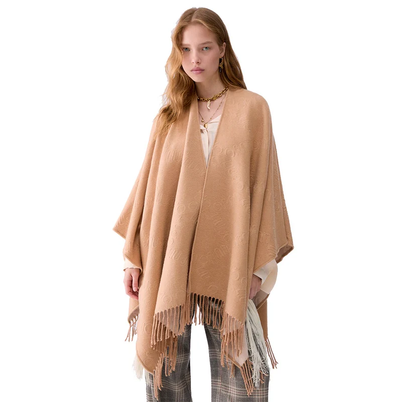 Poncho Donna LIU JO in Misto Viscosa color Cammello con Logo Embossed