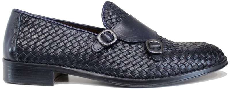 DOPPIA FIBBIA UOMO PELLE INTRECCIATA BLU