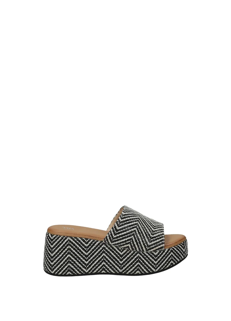 Sandali donna bi black/white in rafia con zeppa alta