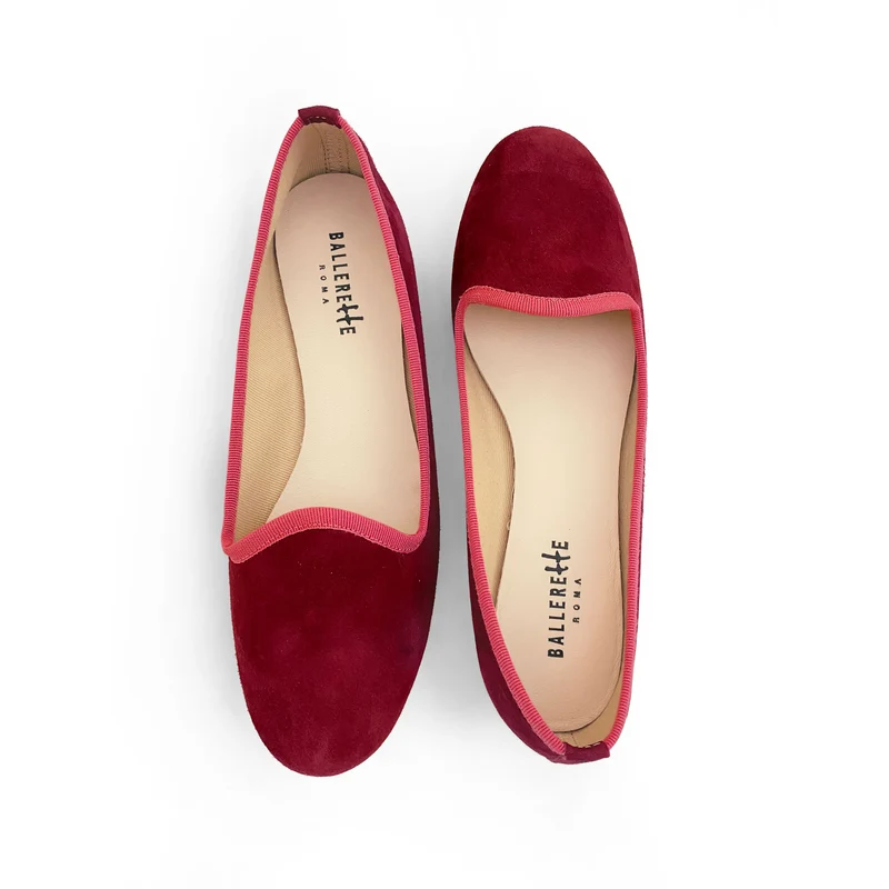 Slippers donna in camoscio bordeaux e gros grain fragola
