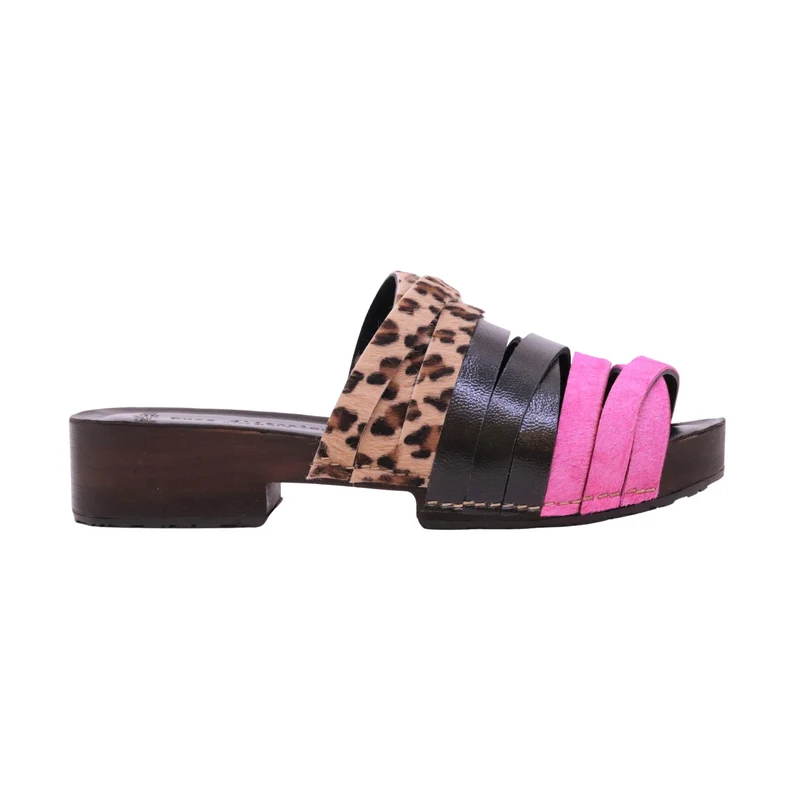 Duca D'Ascalona Nanette Martini sandalo sabot donna in pelle multicolor fuxia nero e cavallino maculato con suola in gomma