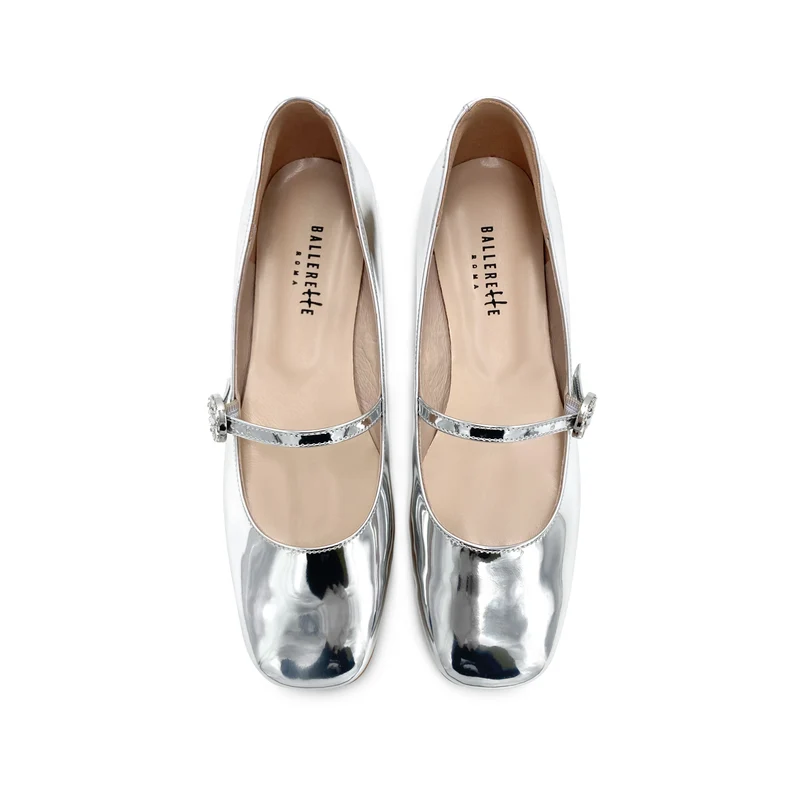 Ballerine Mary Jane argento specchiate con cinturino gioiello