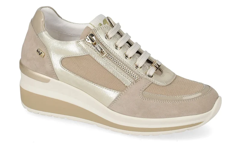 Valleverde Donna Suede Beige Sneaker Sabbia con Zeppa e Zip, Sottopiede in Pelle