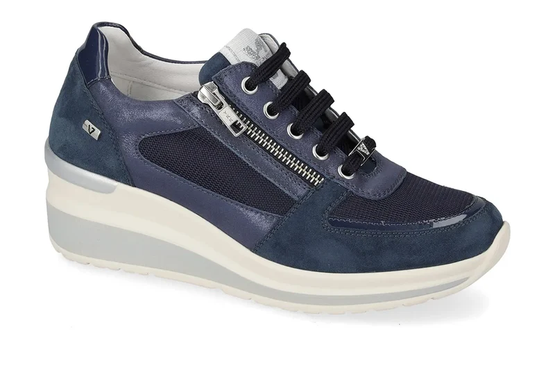 Valleverde Donna Suede Royal Sneaker Blu con Zeppa e Zip, Sottopiede in Pelle