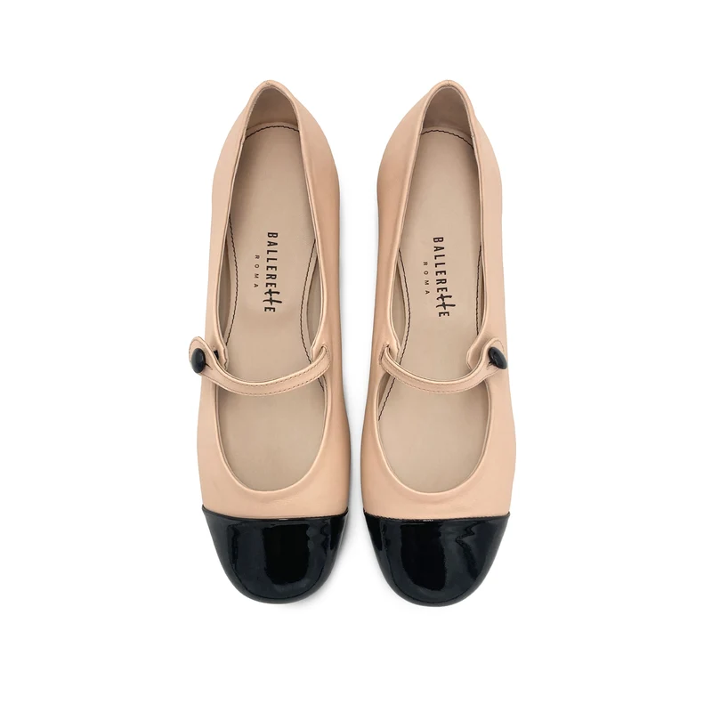 Ballerine Mary Jane rosa cipria in pelle con cinturino e punta in vernice