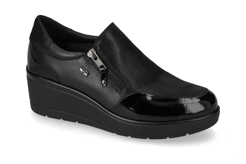 Valleverde Sneaker Donna in Pelle Nera con Zip, Elastico e Zeppa