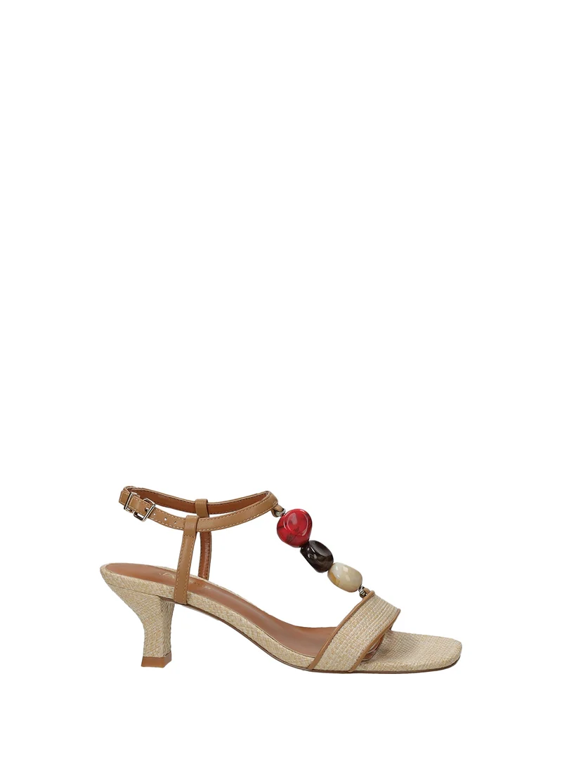 Sandali donna bicolore beige/brown in tessuto con tacco medio