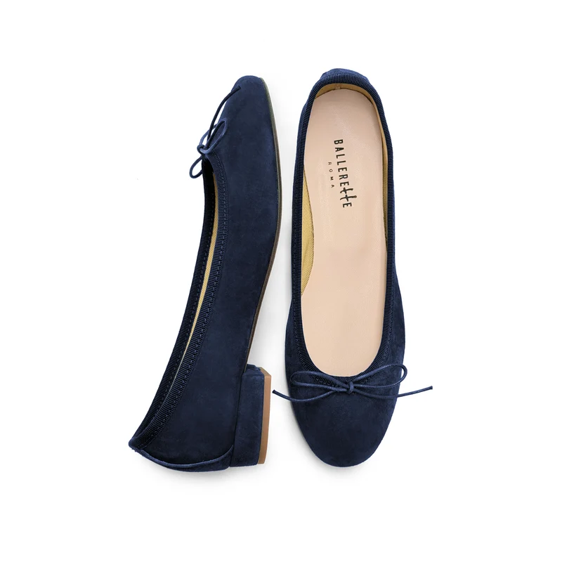 Ballerine blu con tacco in camoscio