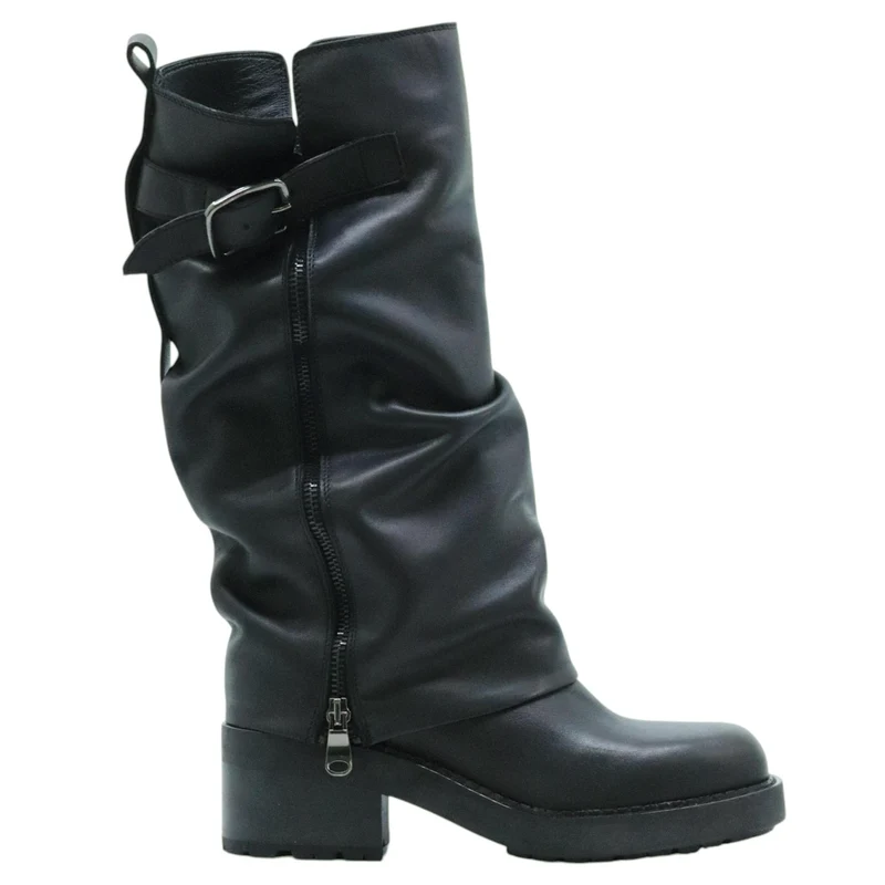 Curiositè 2828 stivale da donna in pelle nera con zip laterale e suola carrarmato