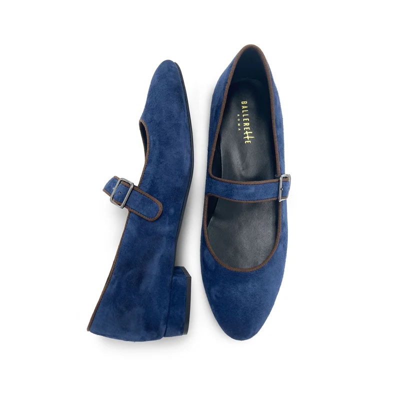 Ballerine Mary Jane blu e marrone in camoscio con cinturino