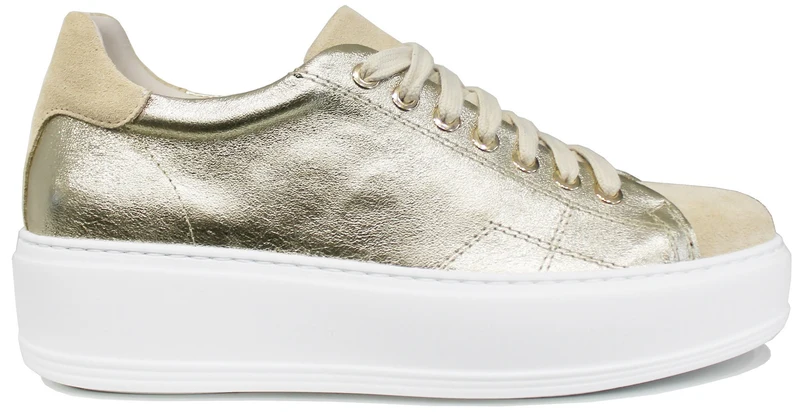 SNEAKER DONNA PELLE LAMINATA ORO CAMOSCIO BEIGE
