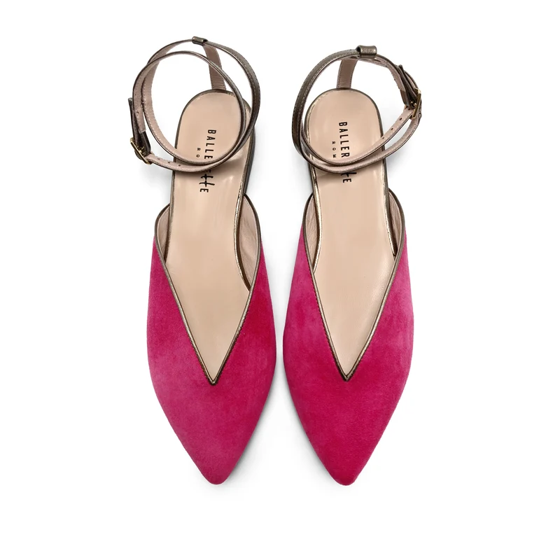 Scarpe mule estive in camoscio fucsia con laccio canna di fucile alla caviglia