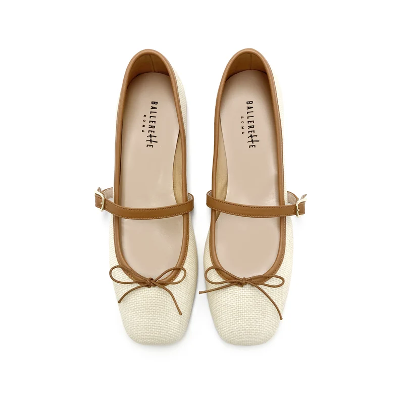 Ballerine Mary Jane estive a punta quadrata con cinturino in rafia beige