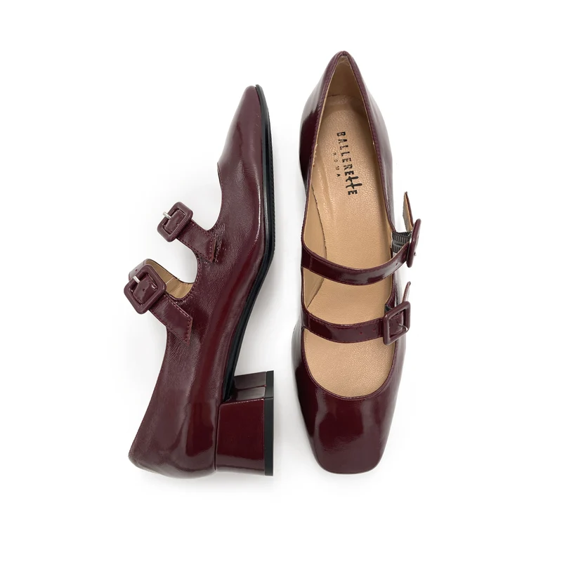 Ballerine Mary Jane bordeaux lucide con tacco e punta quadrata