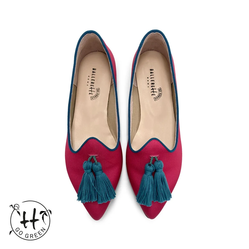 TT Go Green Collection - Mocassini donna fucsia in raso eco e nappine petrolio