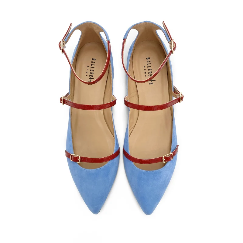 Ballerine a punta blu jeans in camoscio con cinturini rossi
