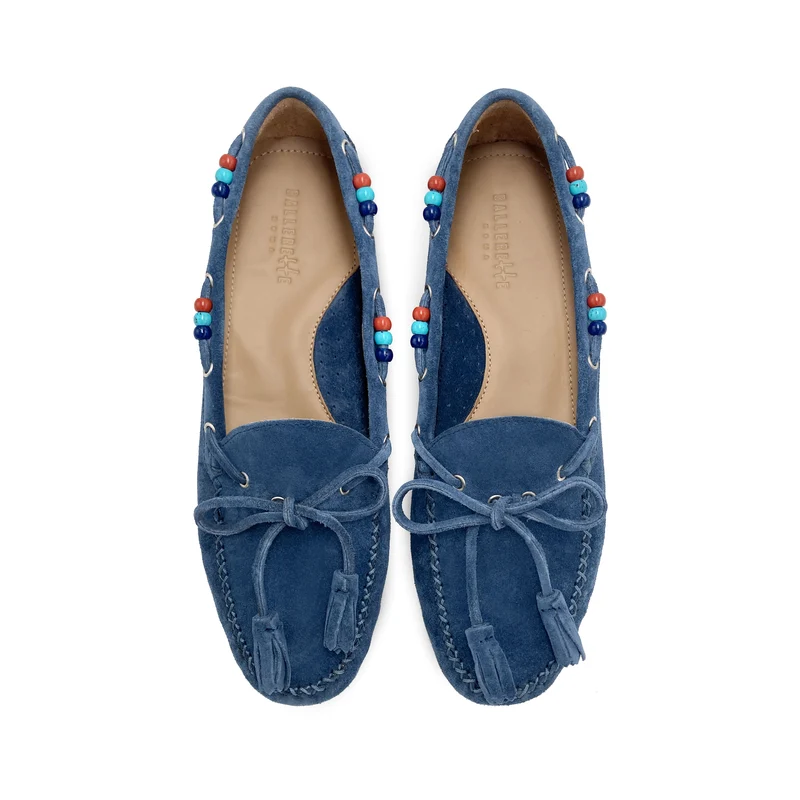 Mocassini blu jeans da donna con perline