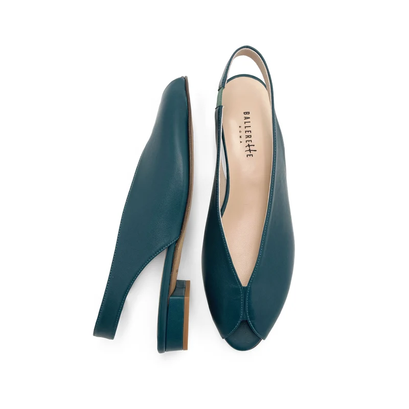 Slingback open toe blu petrolio in pelle