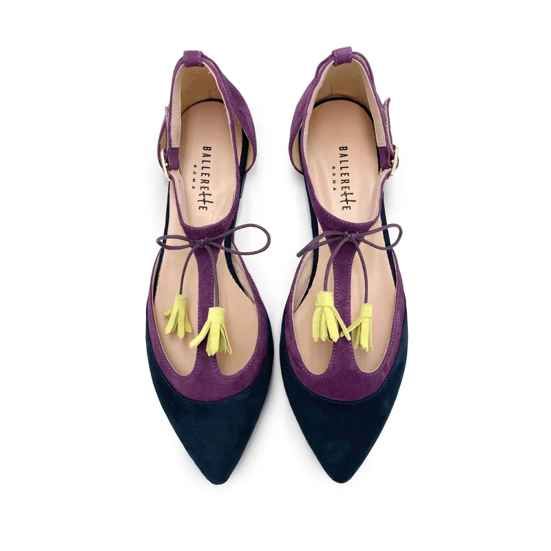 Ballerine T-bar in camoscio blu e viola