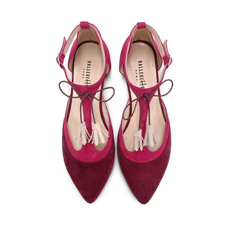 Ballerine T-bar in camoscio bordeaux e fucsia