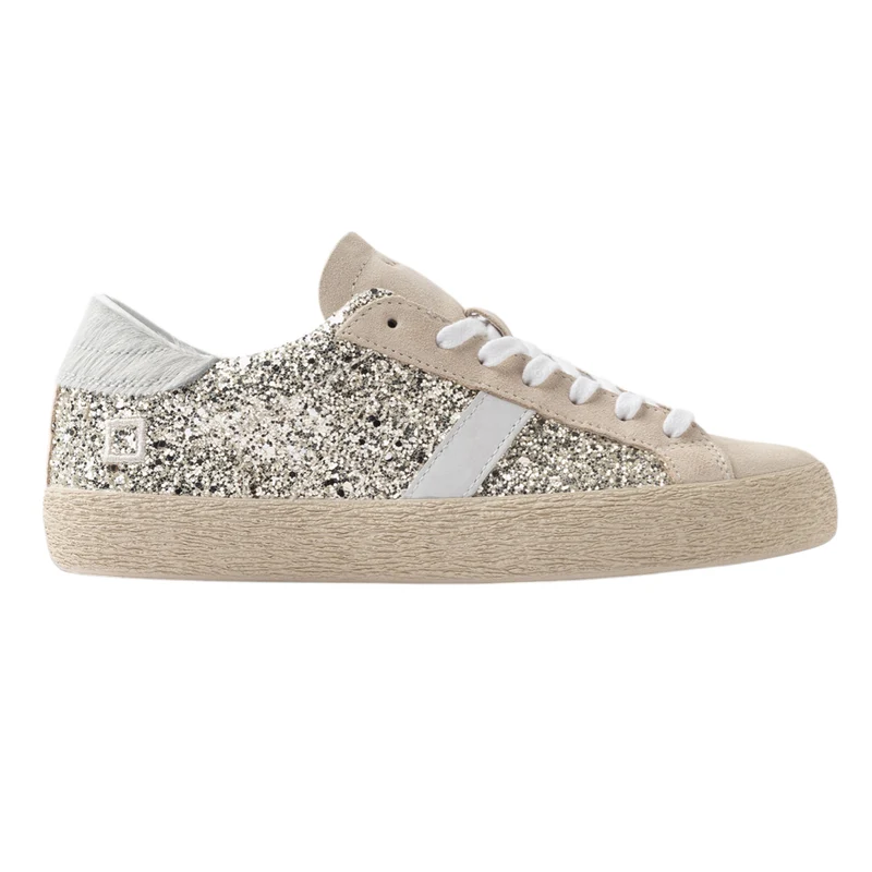 DATE Hill Low Glitter Platinum HL GL PL sneaker donna in glitter platino con dettagli in pelle beige