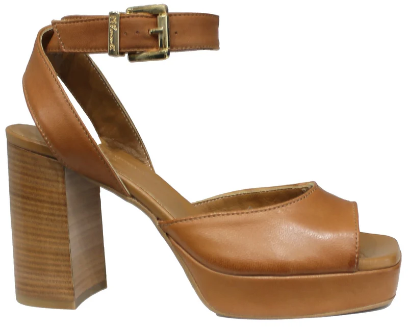 SANDALO DONNA CON PLATEAU PELLE CUOIO