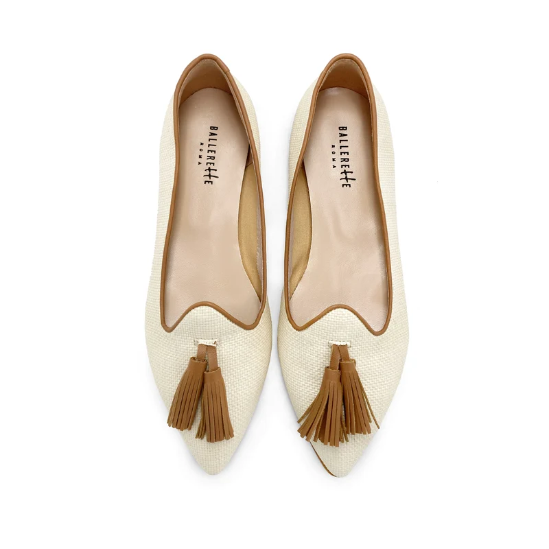 Mocassini donna estivi in juta beige con nappine cuoio