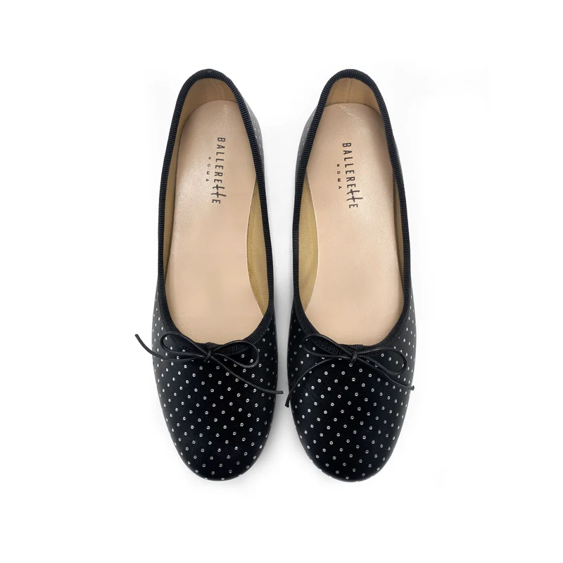 Ballerine accollate nere in pelle con micro pois argento