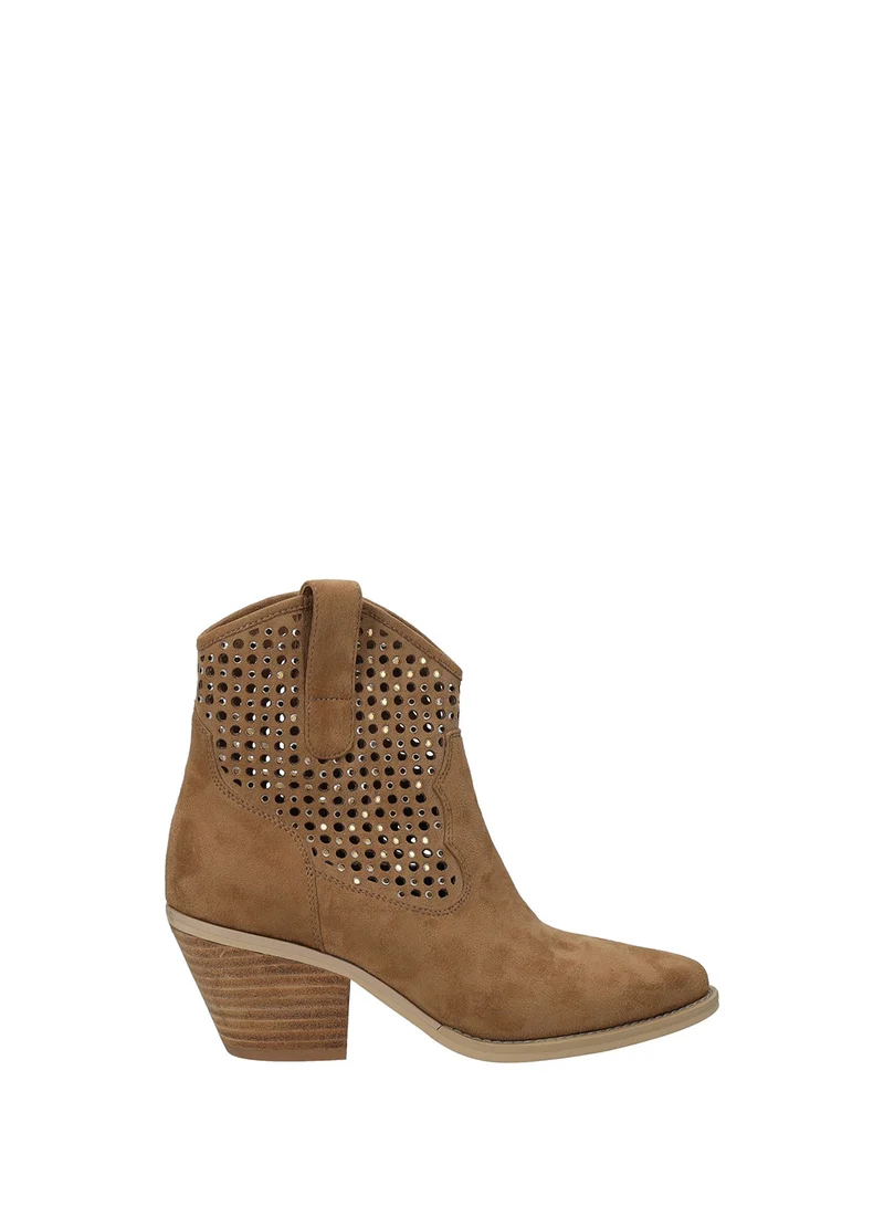 Stivaletti texani donna beige in microfibra con tacco medio