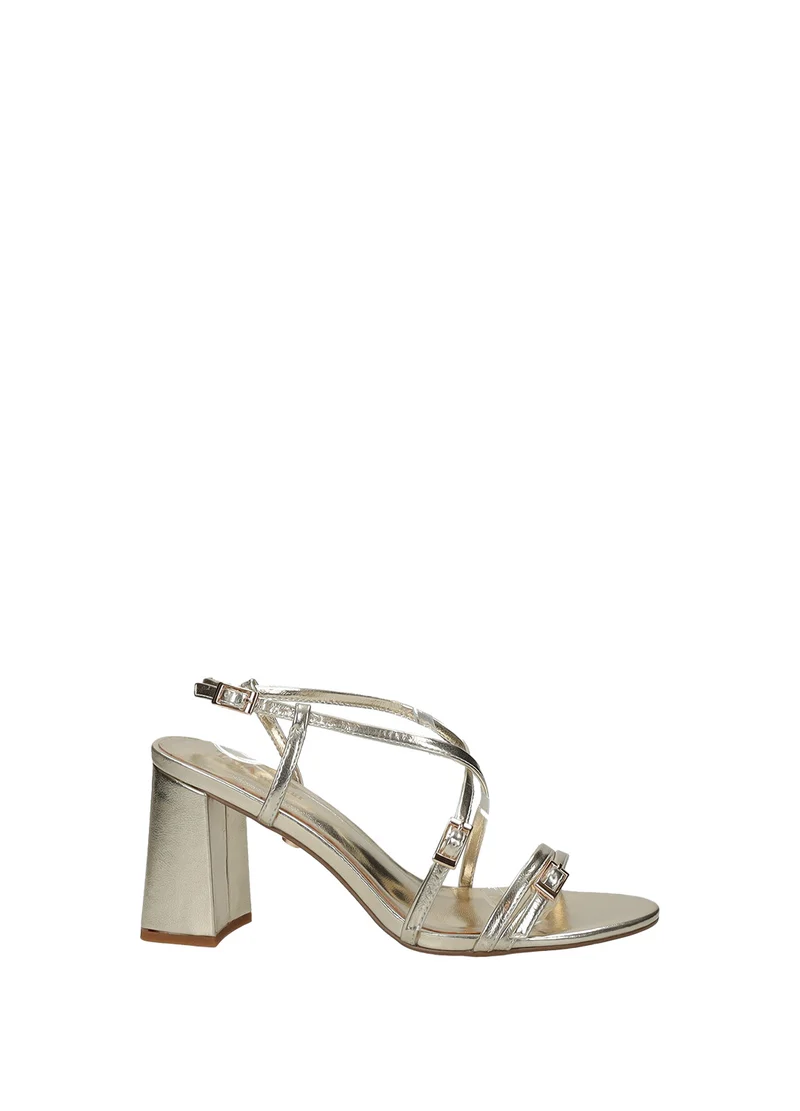 Sandali donna gold in microfibra con tacco medio