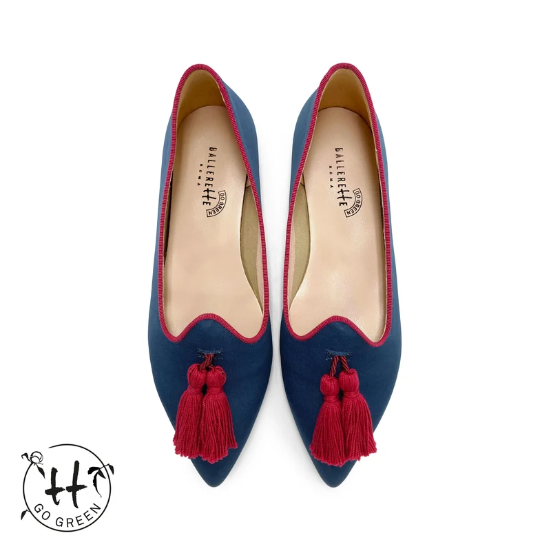TT Go Green Collection - Mocassini donna blu in raso eco e nappine bordeaux