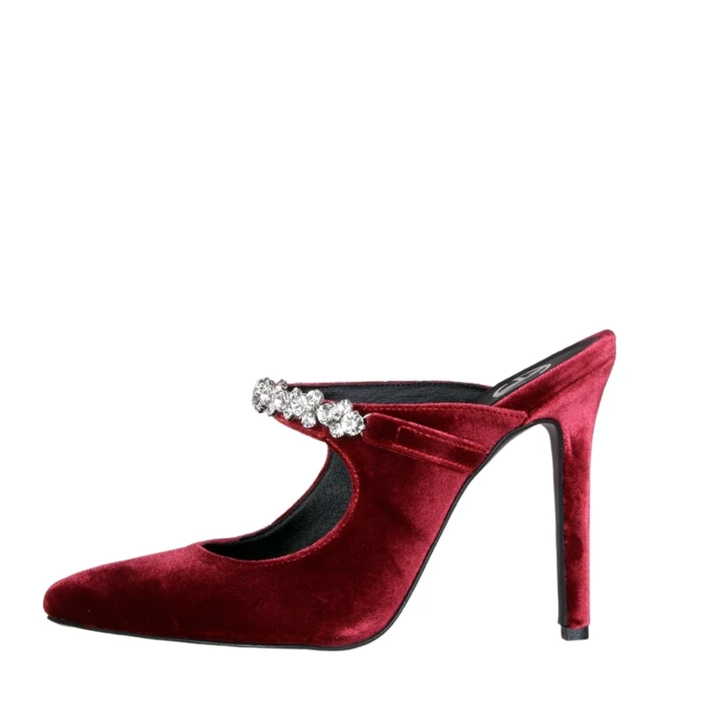 Scarpe col tacco velluto bordeaux con cristalli su collo piede