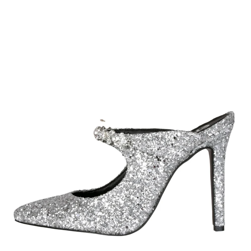 Scarpe col tacco glitter argento con cristalli su collo piede