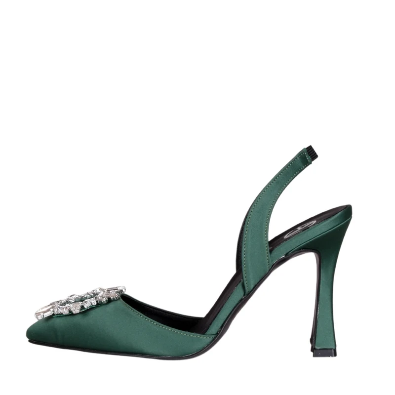 Scarpe con tacco a punta in raso verde con cristalli sole