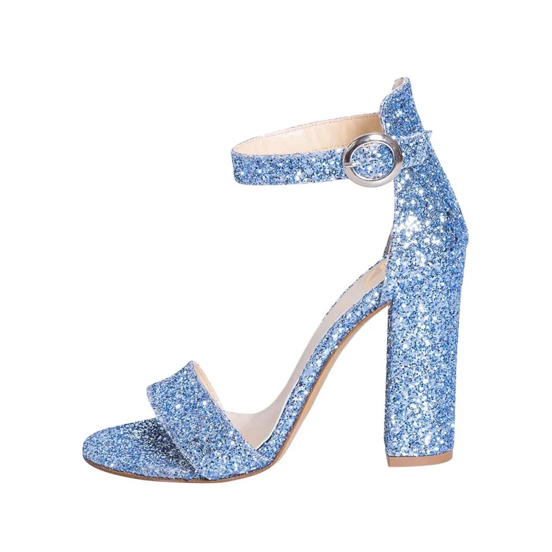 Sandali con tacco largo in glitter turchese