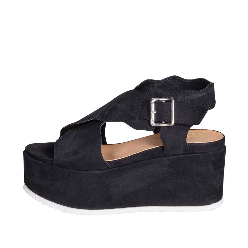 Sandali con zeppa camoscio nero made in italy - offerte
