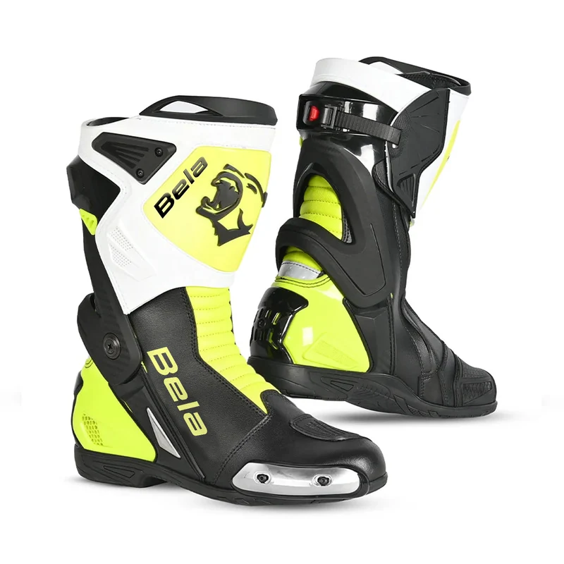 BELA TURBO TRACK CORSA STIVALI DI MOTO NERO BIANCO GIALLO FLUO